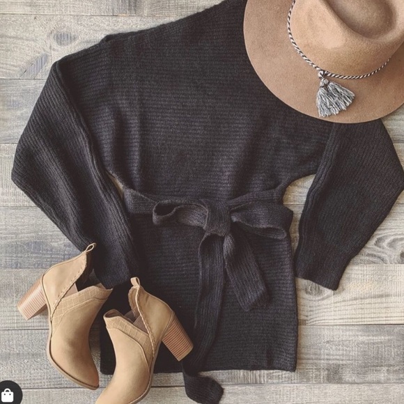 Dresses & Skirts - . Warm Hugs Off The Shoulder Black Chunky Knit Tie Sweater Dress
